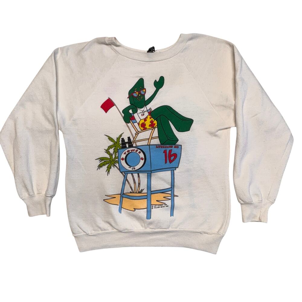 Vintage Gumby Lifeguard Beach Sweatshirt S/M White Art Clokey USA 1986